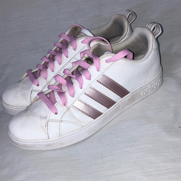 Adidas Women's size 8 White Sneakers with shimmery Pink Stripes - Picture 1 of 16